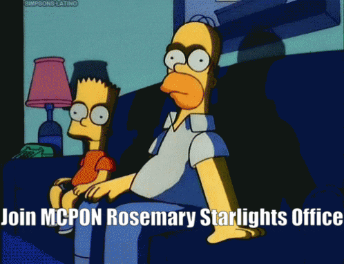 homer simpson and bart simpson sitting on a couch with the words join mcpon rosemary starlights office written below them
