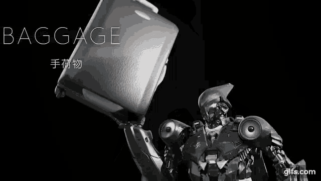 a robot is holding a suitcase and the word baggage is above him