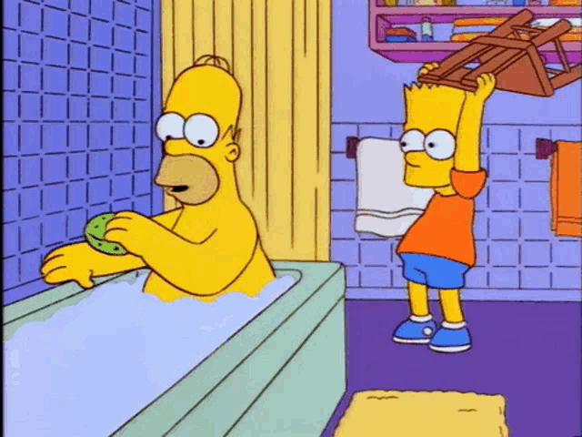 a cartoon of homer simpson taking a bath and bart holding a chair