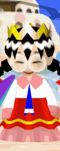 a girl with a crown on her head is wearing a red dress