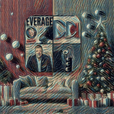 a painting of a man sitting on a couch next to a christmas tree and a can of leverage
