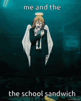 a cartoon of an angel holding a sandwich with the words me and the school sandwich below him