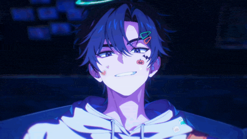 a blue haired anime character with a tattoo on his face