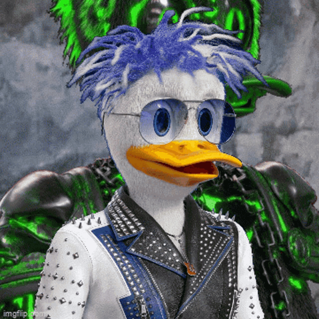 a duck wearing sunglasses and a studded leather jacket