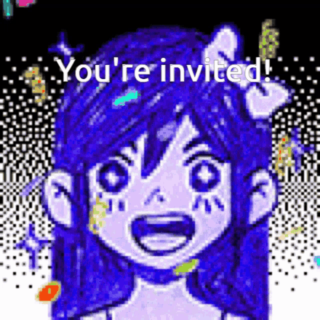 a pixel art drawing of a girl with blue hair and the words `` you 're invited '' .