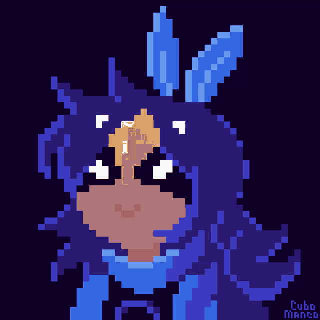 a pixel art drawing of a girl with blue hair and a yellow head