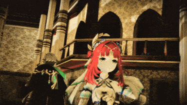 a girl with red hair is standing next to a boy