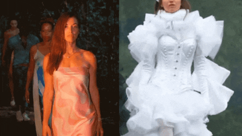 a woman in a pink dress is next to a woman in a white dress .