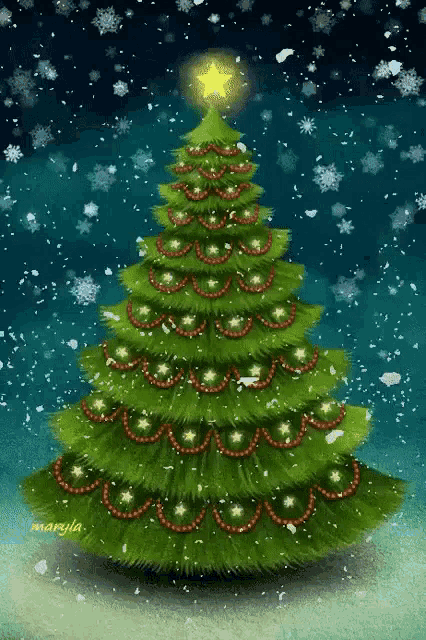 a painting of a christmas tree with a star on top by maryla
