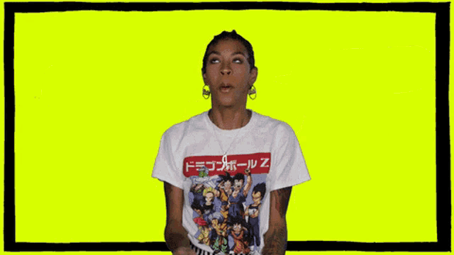 a woman wearing a t-shirt that says oh my god on it