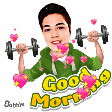 a cartoon of a man lifting dumbbells with the words good morning