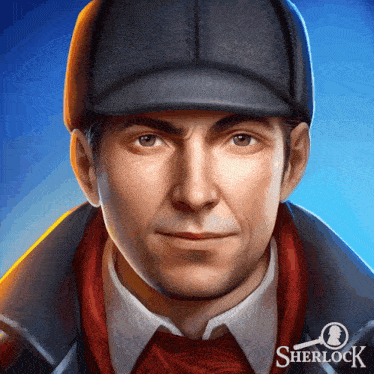 a man wearing a hat with the word sherlock on the bottom right