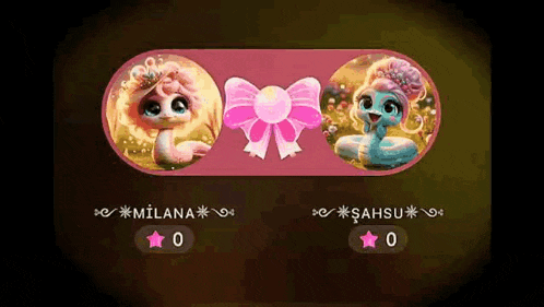 a snake with a pink bow on its head and a snake with a blue bow on its head