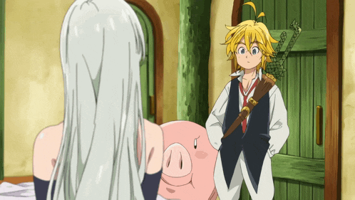 a cartoon character standing next to a pig and a woman