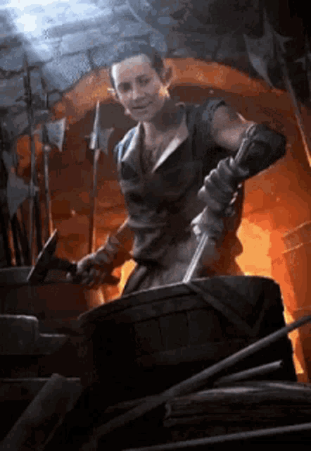 a man is holding a hammer and a bucket in a dark room .
