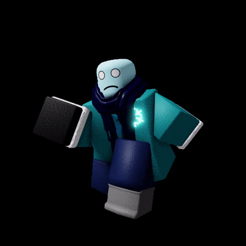 a blue robot with a scarf around his neck