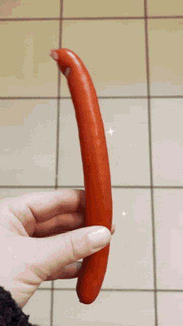 a person is holding a long red sausage in their right hand