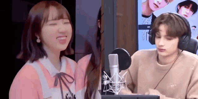 a man and a woman are sitting in front of a microphone . the woman is wearing headphones .