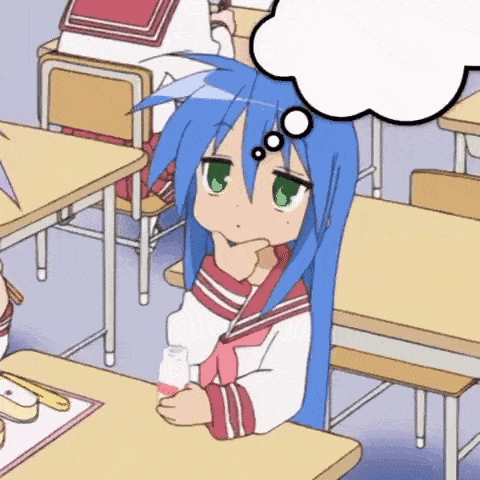 a girl with blue hair and green eyes is sitting at a desk in a classroom holding a bottle of milk .