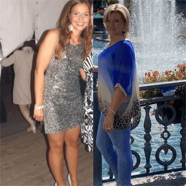 a woman in a silver dress and a woman in a blue shirt standing next to a fountain