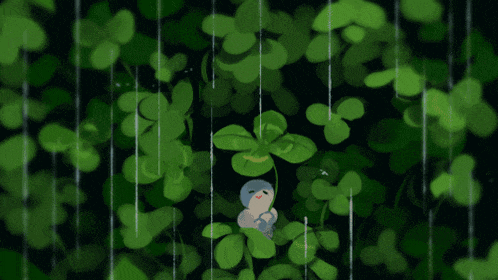 a cartoon drawing of a person standing in the rain surrounded by green leaves