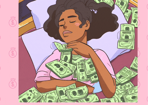a cartoon of a woman laying on a bed surrounded by stacks of money
