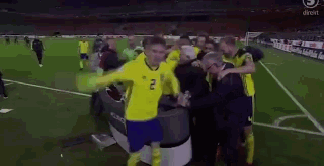 a group of soccer players are celebrating on a field