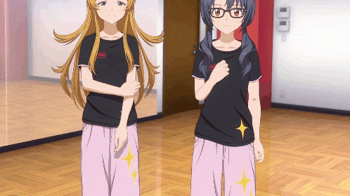 two anime girls are standing next to each other with one wearing glasses and a black shirt that says ' pink ' on the front