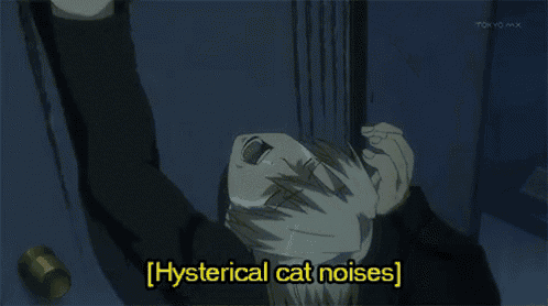 a man is laying on the floor with the words [ hysterical cat noises ] written above him