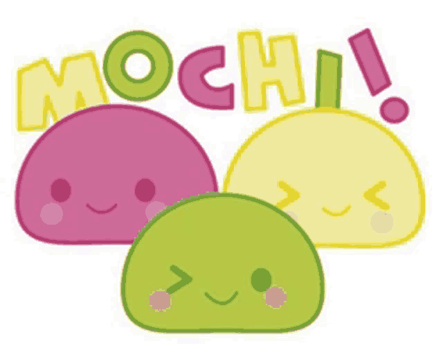 the word mochi is on a white background with three different colored mochis