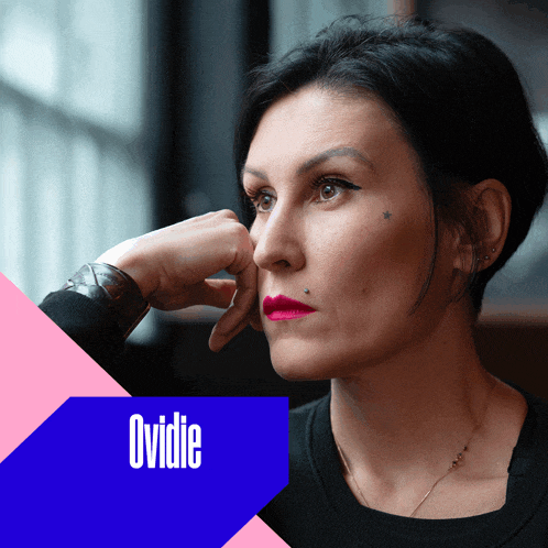 a woman 's face is behind a blue and pink graphic that says ovidie