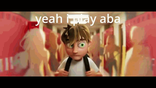 a cartoon boy with a backpack is walking down a hallway with the words yeah i play aba on the bottom