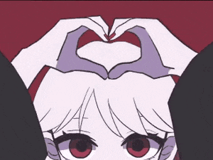 a girl with red eyes is making a heart with her hands