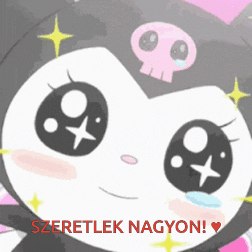 a cartoon cat with a skull on its head and the words szeretlek nagyon