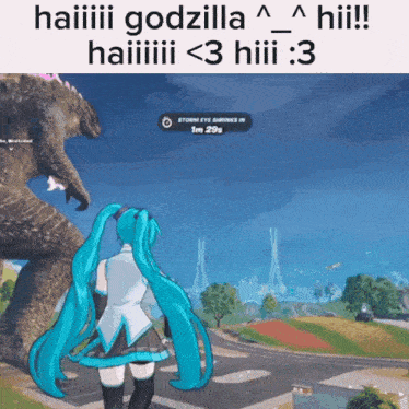 a cartoon of hatsune miku standing in front of a giant monster