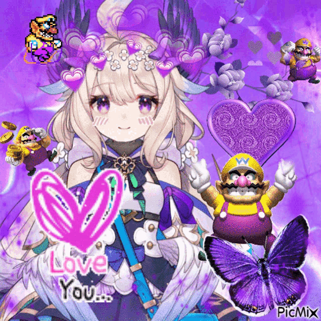a picture of a girl surrounded by mario and wario with the words love you
