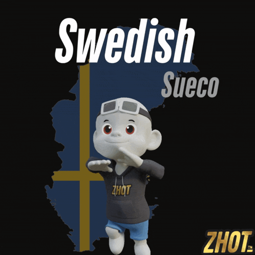 a cartoon character with a swedish flag in the background