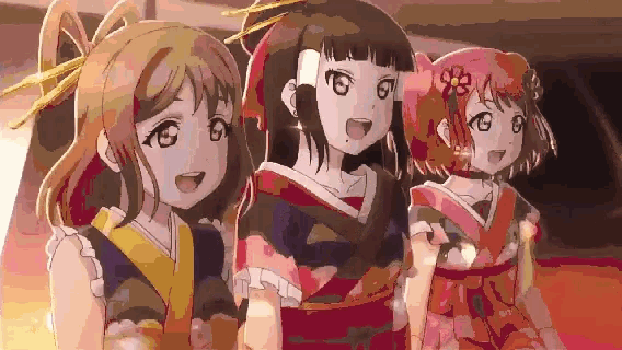 three anime girls in kimonos are standing next to each other and smiling