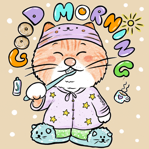 a cartoon of a cat brushing its teeth with the words " good morning " in the background