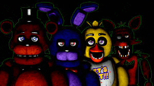 a group of five nights at freddy 's characters standing next to each other .