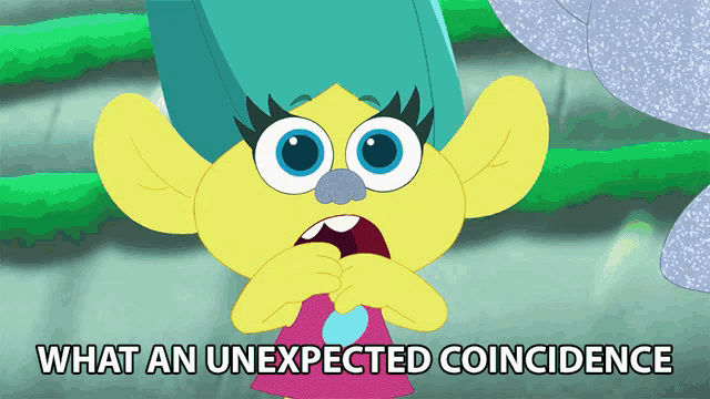 a troll with blue hair and the words what an unexpected coincidence