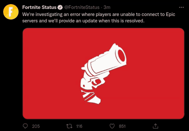 a tweet from fortnite status shows a gun on a red background