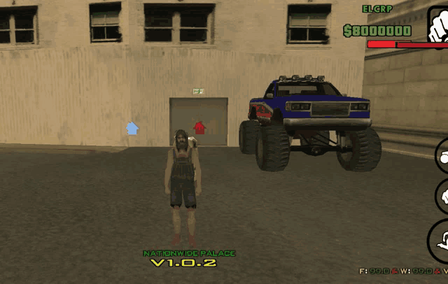 a woman stands in front of a monster truck in a video game called nationals palace v1.0.2