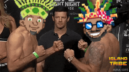 two men standing next to each other in front of a sign that says fight night ide