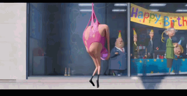a cartoon character is hanging from a rope in front of a happy birthday banner