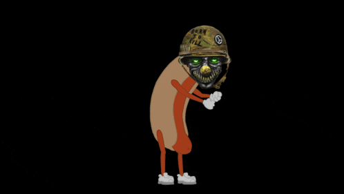 a cartoon drawing of a hot dog wearing a helmet that says army