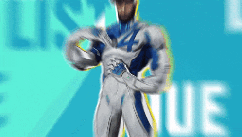 a man in a superhero costume is standing in front of a blue background that says ' rich ' on it