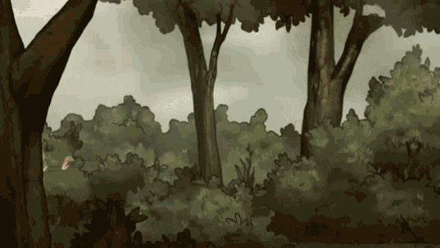 a drawing of trees and bushes with a cloudy sky in the background