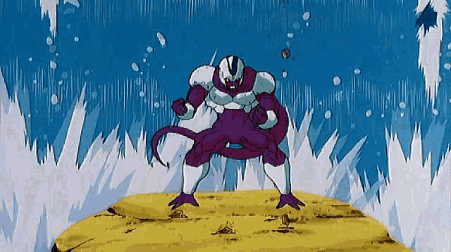 a cartoon character is standing on a rock in the middle of a field surrounded by ice and water .