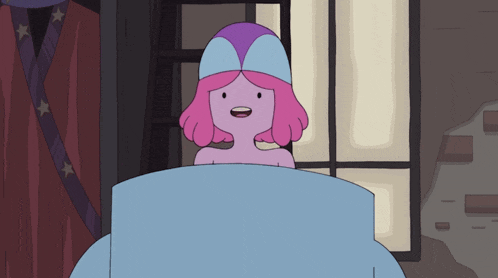 a cartoon character with pink hair is wearing a blue hat